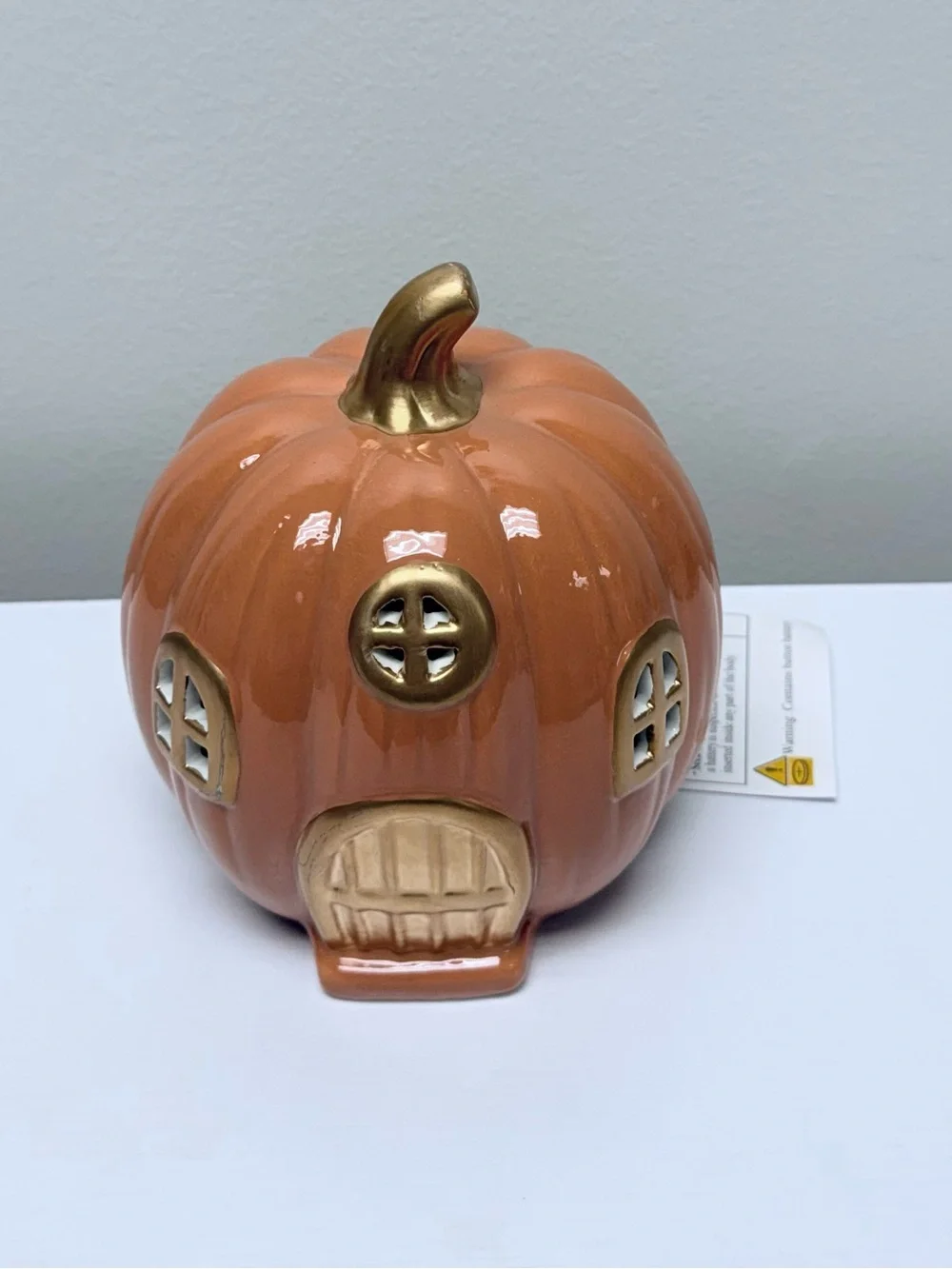 Ceramic Pumpkin LED House in Orange and Gold Fall - Bullseye's Playground